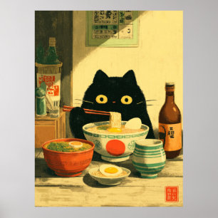 Grappige zwarte kat die ramen eet Japanse vintag Poster