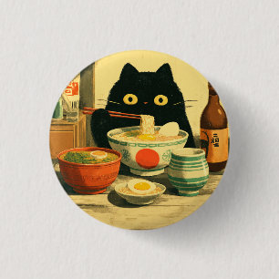 Grappige zwarte kat die ramen eet Japanse vintag Ronde Button 3,2 Cm
