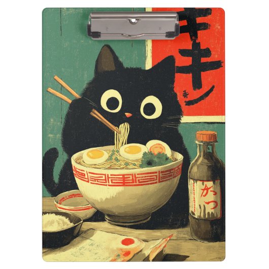 Grappige zwarte kat die Ramen eet Klembord (Voorkant)