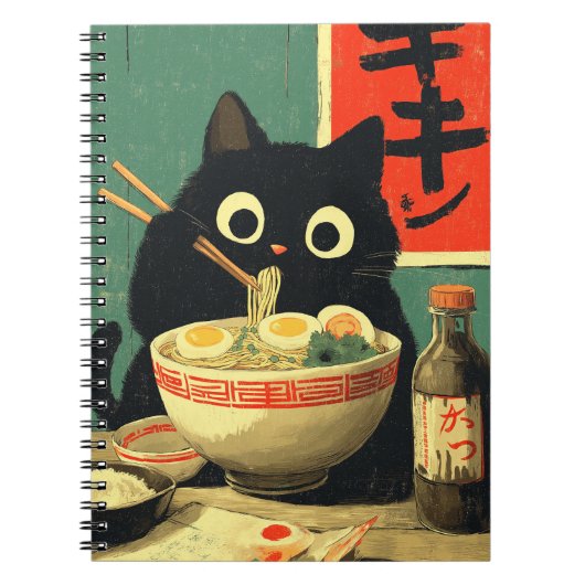 Grappige zwarte kat die Ramen eet Notitieboek (Voorkant)