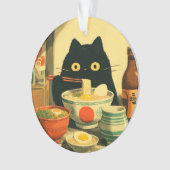 Grappige zwarte kat die ramen eet ornament (voorkant)