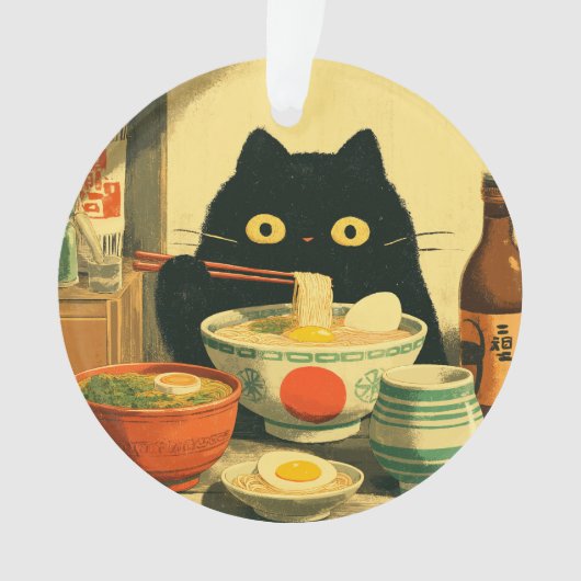 Grappige zwarte kat die ramen eet ornament (voorkant)
