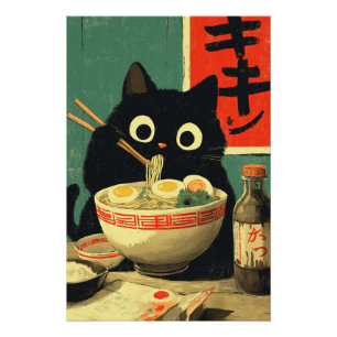 Grappige zwarte kat die Ramen eet Perfect Poster
