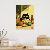 Grappige zwarte kat die Ramen eet Poster (Keuken)