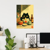 Grappige zwarte kat die Ramen eet Poster (Thuiskantoor)