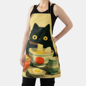 Grappige zwarte kat die ramen eet schort (Insitu)