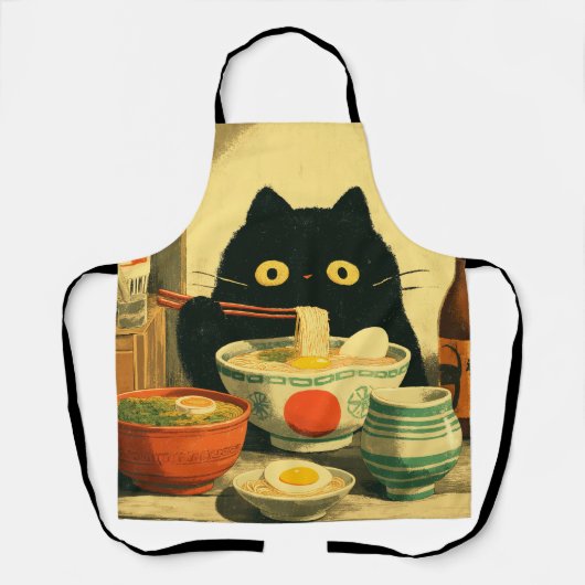 Grappige zwarte kat die ramen eet schort (Voorkant)