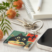 Grappige zwarte kat die Ramen eet Sleutelhanger (Voorkant Rechts)