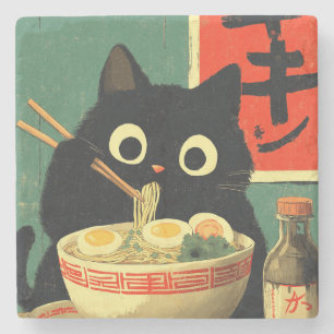 Grappige zwarte kat die Ramen eet Stenen Onderzetter