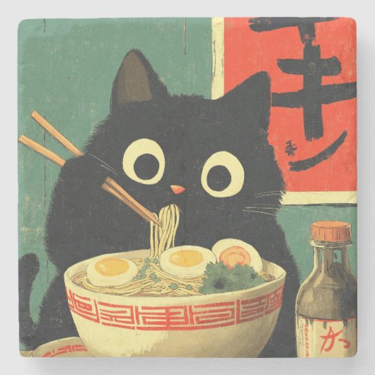 Grappige zwarte kat die Ramen eet Stenen Onderzetter (Voorkant)