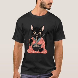 Grappige zwarte kat die Ramen eet Vintage Japanse  T-shirt