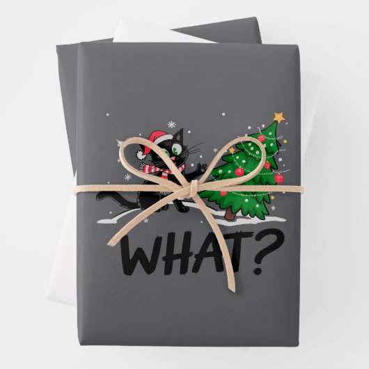 Grappige zwarte kat duwen kerstboom kat Wat? Inpakpapier Vel (In situ)