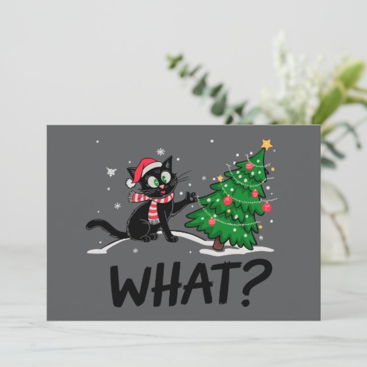 Grappige zwarte kat duwen kerstboom kat Wat? Kaart (Staand voorkant)