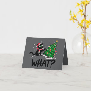 Grappige zwarte kat duwen kerstboom kat Wat? Kaart
