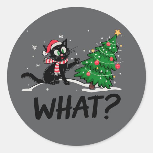 Grappige zwarte kat duwen kerstboom kat Wat? Ronde Sticker (Voorkant)