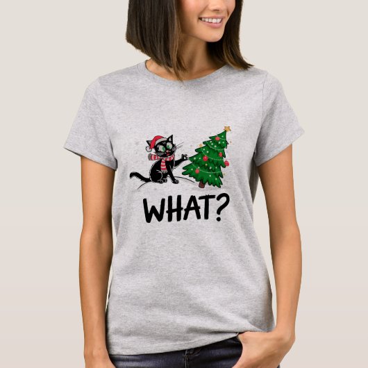 Grappige zwarte kat duwen kerstboom kat Wat? T-shirt (Voorkant)