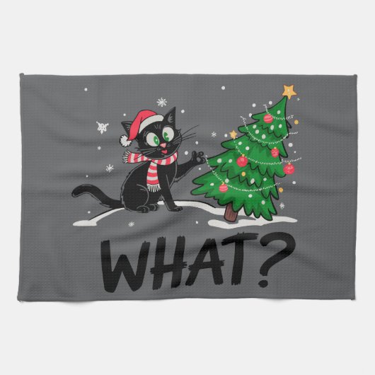 Grappige zwarte kat duwen kerstboom kat Wat? Theedoek (Horizontaal)