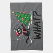 Grappige zwarte kat duwen kerstboom kat Wat? Theedoek (Verticaal)