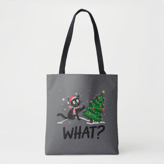 Grappige zwarte kat duwen kerstboom kat Wat? Tote Bag (Voorkant)