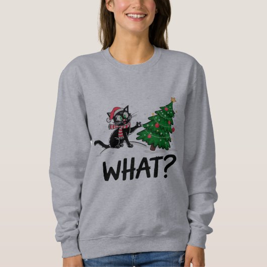 Grappige zwarte kat duwen kerstboom kat Wat? Trui (Voorkant)