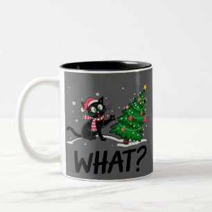 Grappige zwarte kat duwen kerstboom kat Wat? Tweekleurige Koffiemok