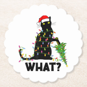 Grappige zwarte kat duwt kerstboom om kat Ch Kartonnen Onderzetters