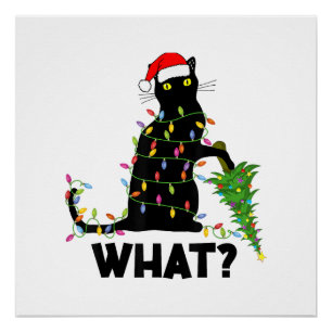 Grappige zwarte kat duwt kerstboom om kat Ch Perfect Poster