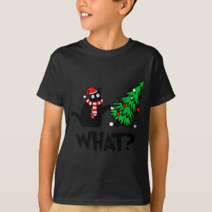 Grappige zwarte kat duwt kerstboom om kat heen t-shirt