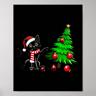 Grappige zwarte kat duwt kerstboom om Kat Wh Poster