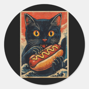 Grappige Zwarte Kat Eet Hotdog Retro Japans Ronde Sticker