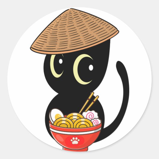 Grappige zwarte kat eet noedels ronde sticker (Voorkant)