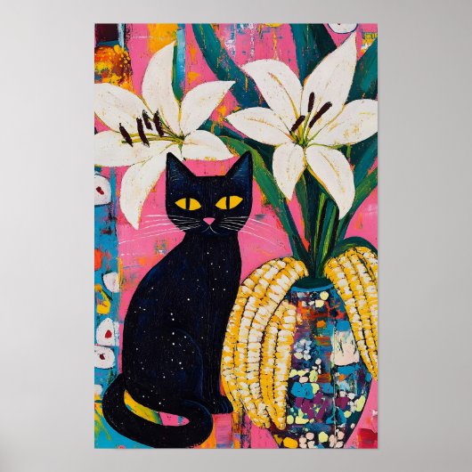 Grappige zwarte kat en bloemenvaas poster (Voorkant)