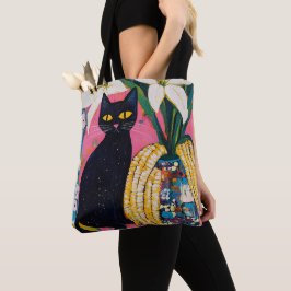 Grappige zwarte kat en bloemenvaas tote bag