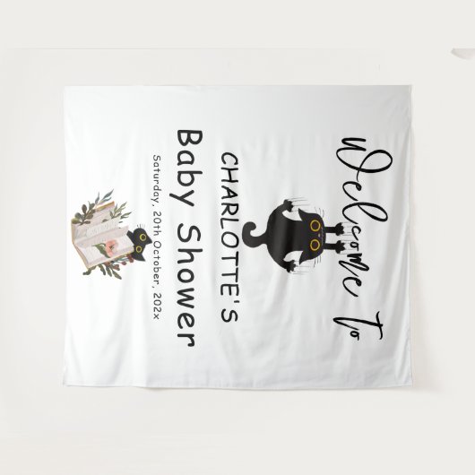 Grappige zwarte kat en boek Baby shower achtergron Wandkleed (Voorkant (horizontaal))
