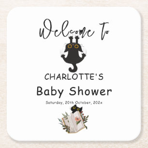 Grappige zwarte kat en boek Baby shower Kartonnen Onderzetters