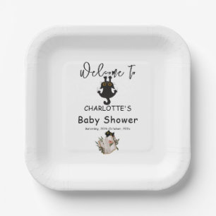 Grappige Zwarte Kat en Boek Baby Shower Papieren Bordje