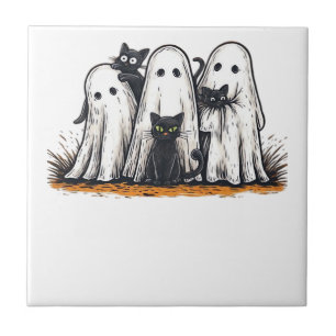 Grappige Zwarte Kat en Geest Halloween Essentiële Tegeltje