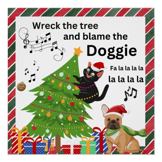 Grappige zwarte kat en hond kerst perfect poster (Voorkant)