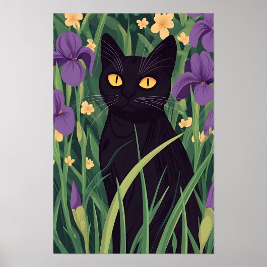 Grappige zwarte kat en mooie bloem poster (Voorkant)