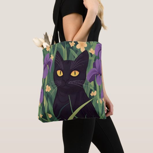 Grappige zwarte kat en mooie bloem tote bag (Dichtbij)