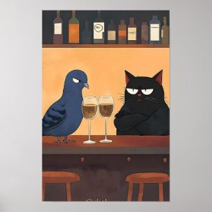 Grappige Zwarte Kat en Vogel Poster