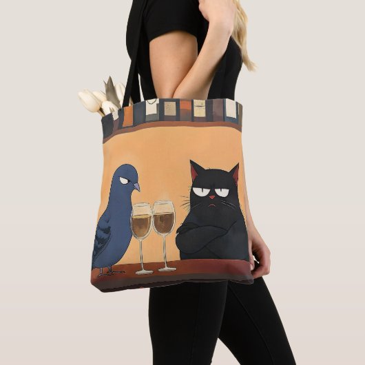 Grappige Zwarte Kat en Vogel Tote Bag (Dichtbij)