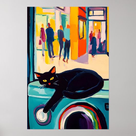Grappige zwarte kat en wasmachine poster (Voorkant)