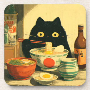 Grappige zwarte kat eten Ramen Bier Onderzetter