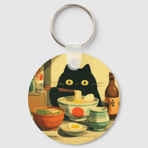 Grappige zwarte kat eten Ramen   japanse Vintage Sleutelhanger