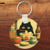 Grappige zwarte kat eten Ramen | japanse Vintage Sleutelhanger (Achterkant)