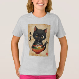 Grappige zwarte kat eten Ramen Schattige Japans Ka T-shirt