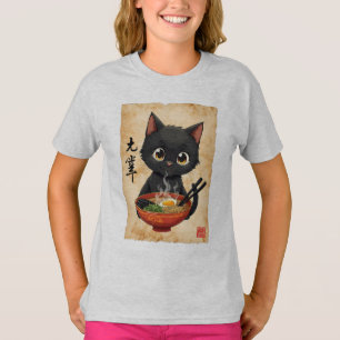 Grappige zwarte kat eten Ramen Schattige Japans Ka T-shirt