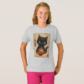 Grappige zwarte kat eten Ramen Schattige Japans Ka T-shirt (Voorkant volledig)