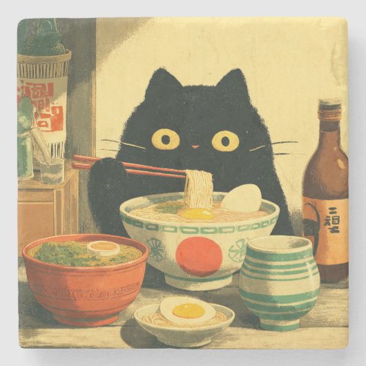 Grappige zwarte kat eten Ramen Stenen Onderzetter (Voorkant)